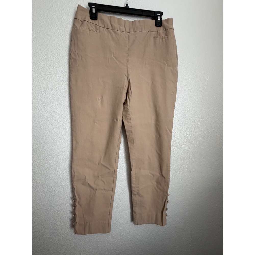 Chicos Tan Khaki Pull On Ankle Pants Button Hem Stretch Size 2R US 12 Large